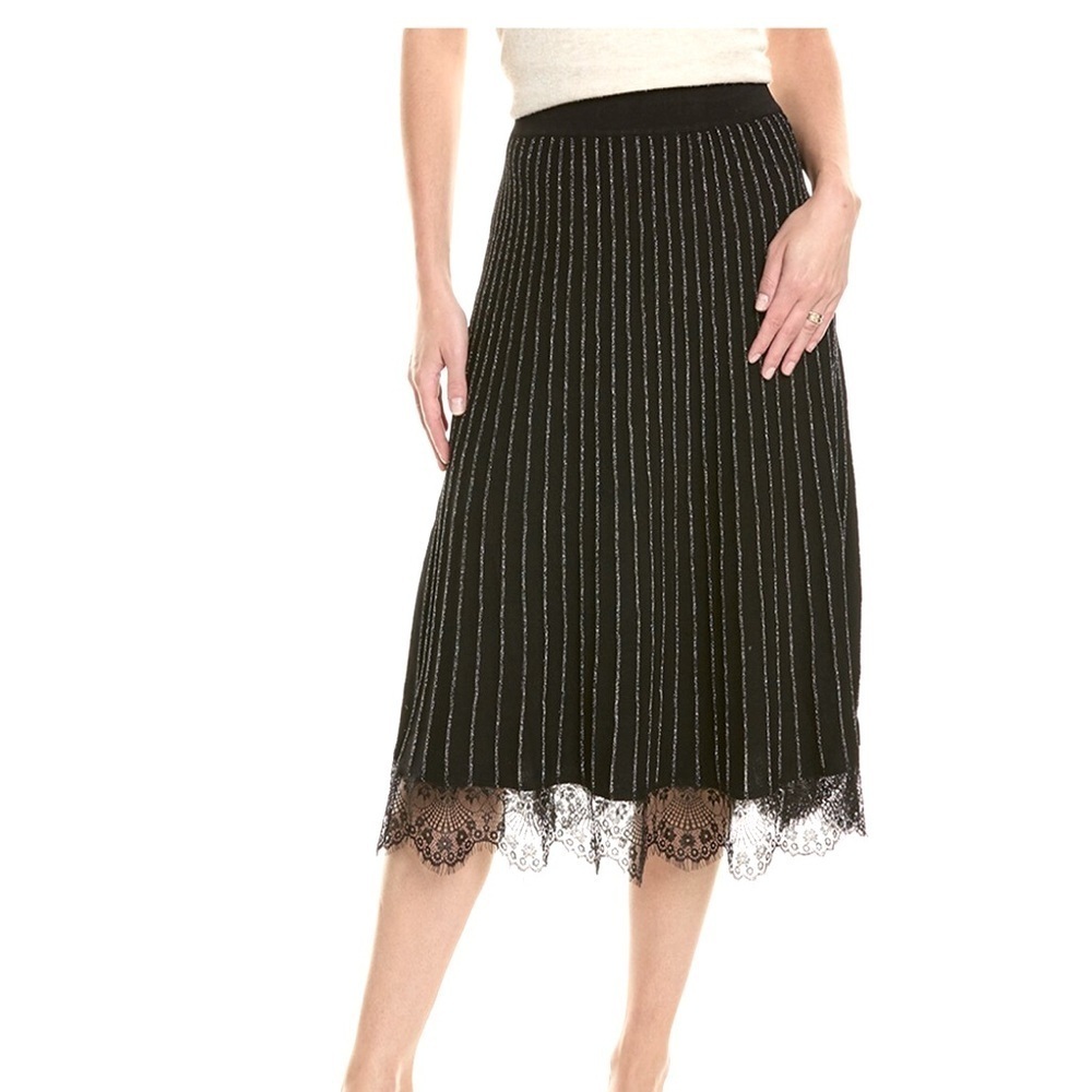 Nanette Lepore Womens Black Silver Lurex Ribbed Knit Lace Trim Midi Skirt Large